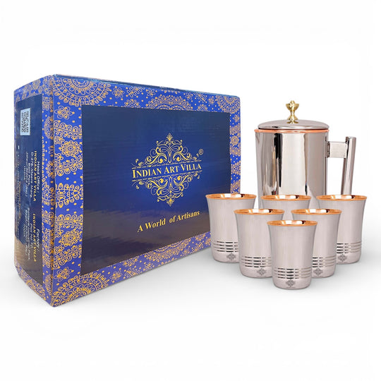 Steel Copper Drinkware Gift Set of Mirror Line Design 1 Jug & Glasses With Gift Box