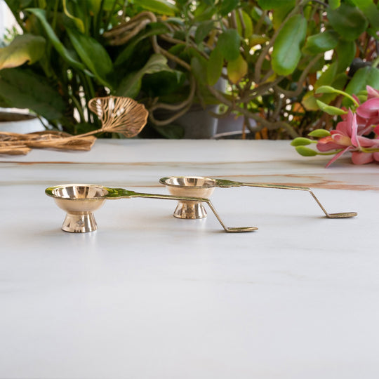 Brass Golchy Aarti Diya Set of 2 with Long Handle