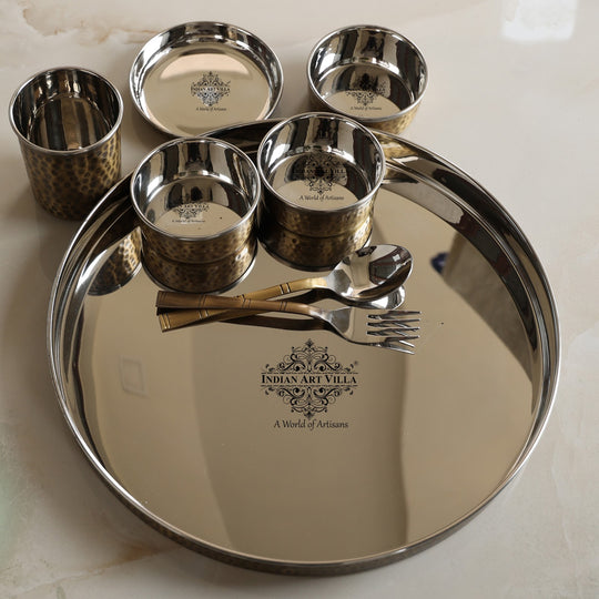 Steel Brass Hammered Thali Set – 8 Piece, 33 cm