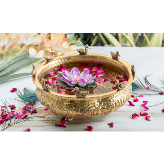 Brass Urli with Embossed Duck & Lotus Flower Design – Traditional Urli