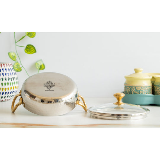 Stainless Steel Hammered Sauce Pan/Bowl with Brass Handles and Glass Lid, Ideal for Sauces, Soups, Gravies, and Cooking