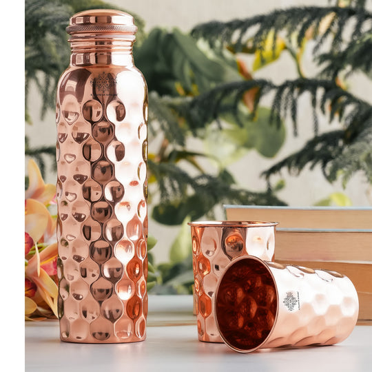 Set of Pure Copper Diamond Hammered Leak Proof Water Bottle & Two Glasses with a Gift Box, Drinkware