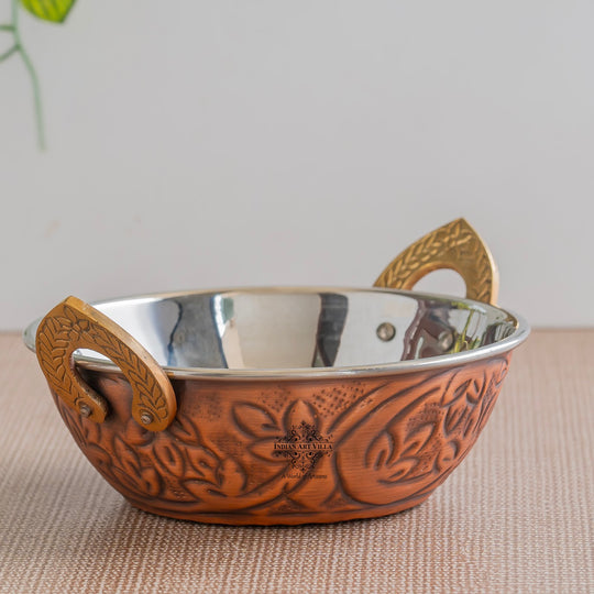 Embossed steel copper kadhai with antique dark finish