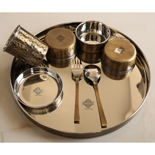 Steel Brass Hammered Thali Set – 8 Piece, 33 cm