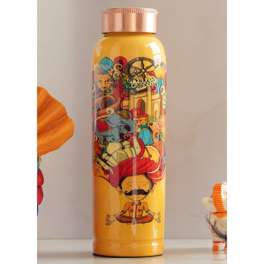 Pure copper bottle 900ml featuring colorful Rajasthani Meena Pagdi artwork, designed by Indian Art Villa