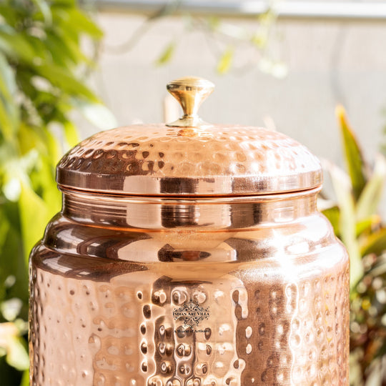 Copper Hammered Design Water Pot With Glass & Stand | 5 Litres