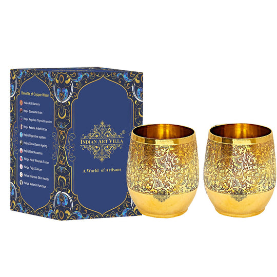 Handmade Pure Brass Embossed Flower Design Glass, Tumbler, 300 ml