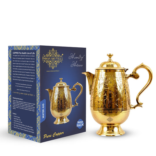 pure brass designer jug with engraved pattern decorative lid and curved spout ideal for serving water
