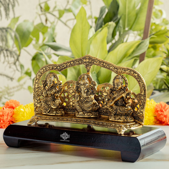 Brass Finish Ganesh, Laxmi & Saraswati Idol with Velvet Gift Box