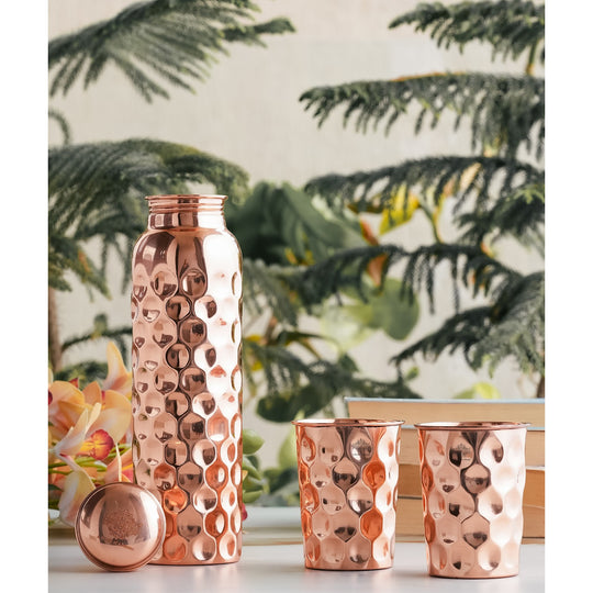 Set of Pure Copper Diamond Hammered Leak Proof Water Bottle & Two Glasses with a Gift Box, Drinkware