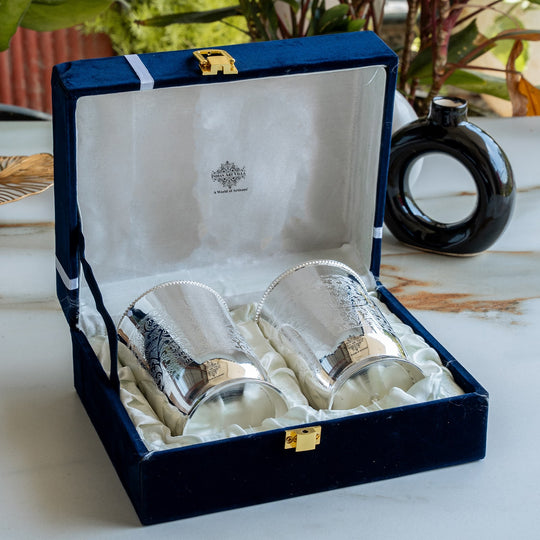 Embossed Designer Silver Plated Set of 2 Designer Glass With Blue Box