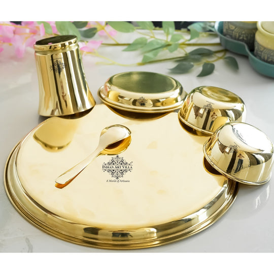 Pure Brass Matt Finish & Hammered 7 Pieces Dinner Set / Thali Set | DinnerWare |