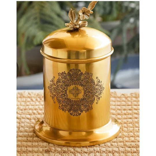 Brass embossed storage jar with leaf knob front view — Indian Art Villa