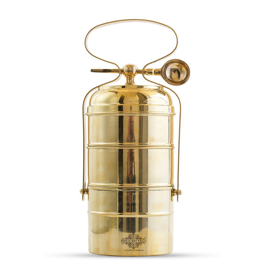 Brass Vintage Design Plain Tiffin with Tin Lining, Traditional Tiffin Box with Spoon, 3 Piece