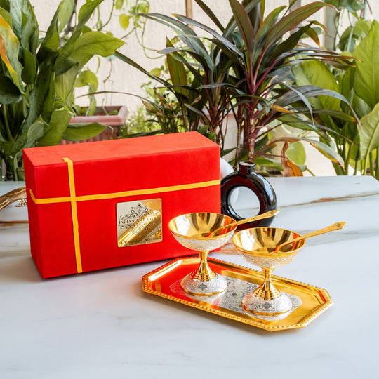 Pure Silver Plated Gold Polished 2 Ice Cream Bowl with 2 spoon & 1 tray