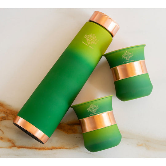 Green pyramid copper bottle and glasses set with lacquered ombre finish, handcrafted by Indian Art Villa artisans.