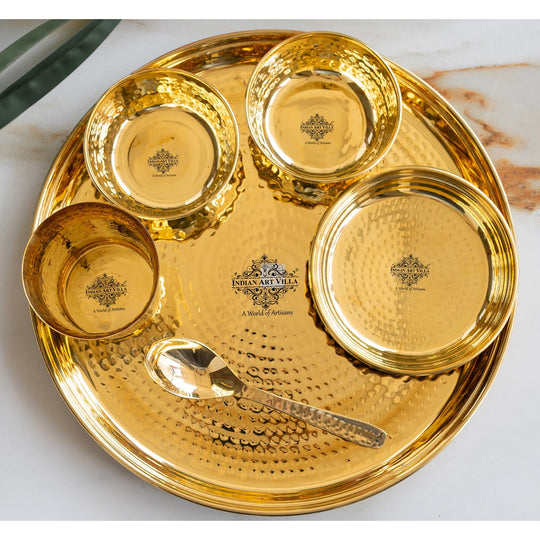 Pure Brass Matt Finish & Hammered 7 Pieces Dinner Set / Thali Set | DinnerWare |