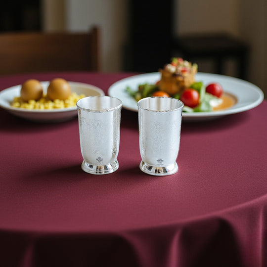 Embossed Designer Silver Plated Set of 2 Designer Glass With Blue Box