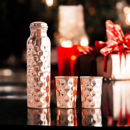Set of Pure Copper Diamond Hammered Leak Proof Water Bottle & Two Glasses with a Gift Box, Drinkware