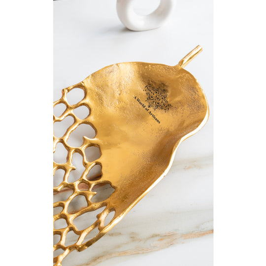 Gold Finish Antique Lacquer Matte Leaf Cutting Design Tray – 79 cm Decorative Accent, Elegant Serving Tray for Home