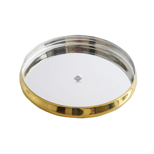 Pure curved brass plate with polished golden border and smooth surface handcrafted in traditional Indian round design
