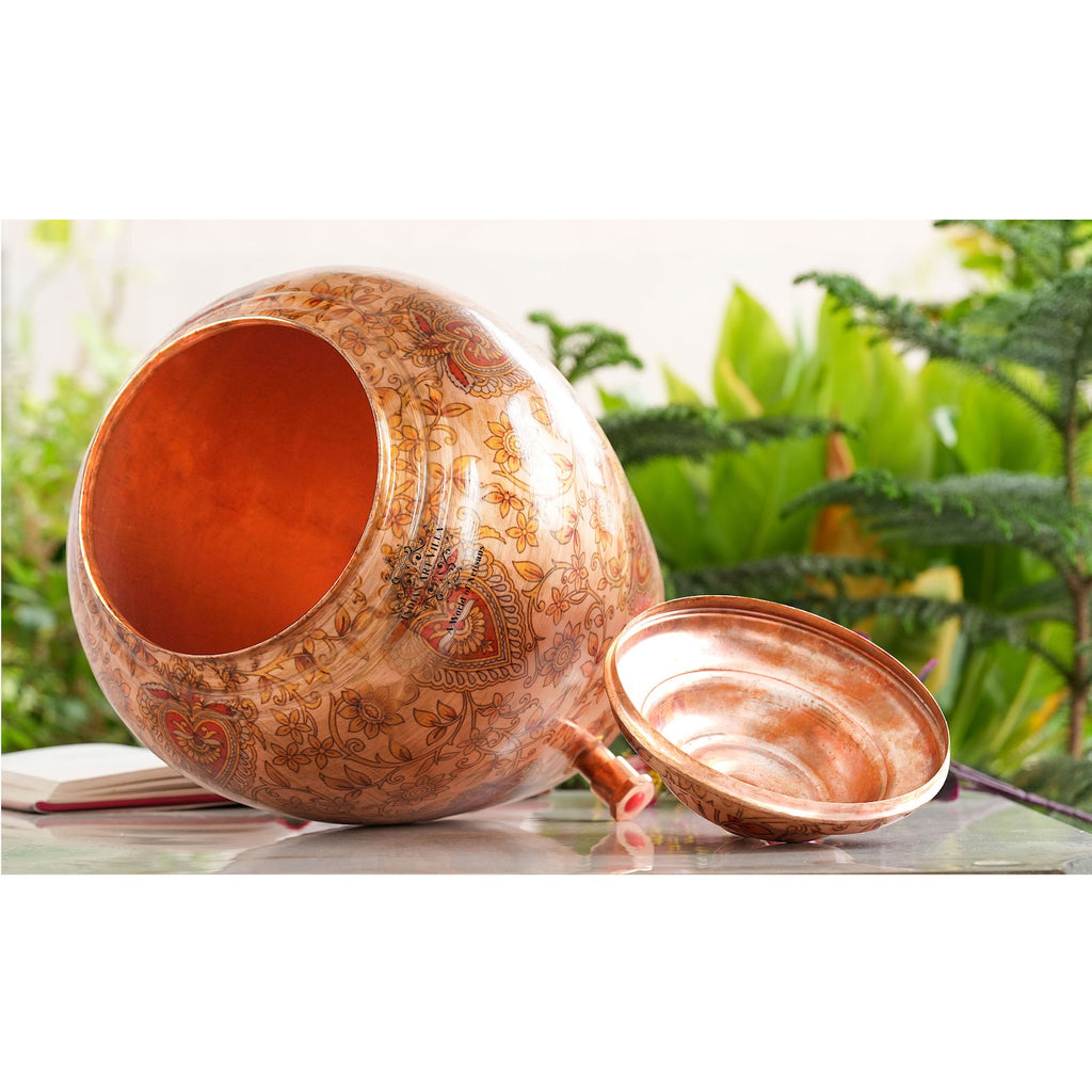 Printed Leaf Design Copper Water Dispenser Pot Matka, Storage, Home Kitchen Garden