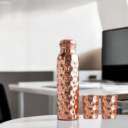 Set of Pure Copper Diamond Hammered Leak Proof Water Bottle & Two Glasses with a Gift Box, Drinkware