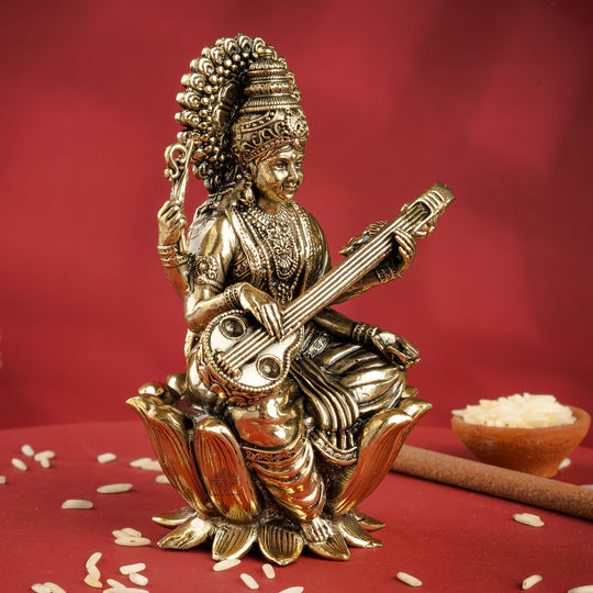 Pure Brass Goddess Saraswati ji Idol- Sitting on Lotus Flower