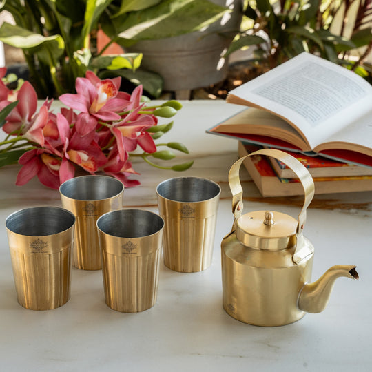 Brass Teapot, Kettle Inside Tin Lining with Glasses | Tableware | Serveware | Gold | 350 ML