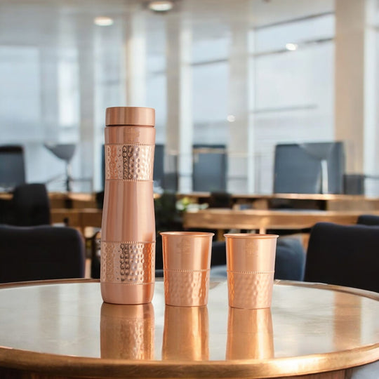 Copper Drinkware Gift Set of 2 Glass and 1 Bottle With Hammered Design