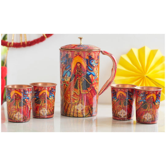 Ayurvedic Copper Jug & 2 Glass Set by Indian Art Villa, featuring Rajasthani Meena 'Padharo Mhare Desh' print, ideal for home decor.