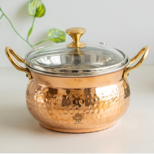 Embody tradition Indian Art Villa copper handi 950ML hammered brilliance topped by glass lid and intricate brass details