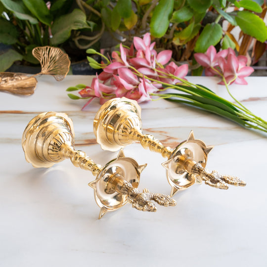 Brass Pillar Diya Set of 2 - Traditional South Indian Temple Oil Lamps