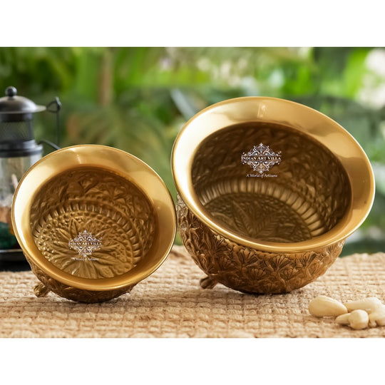 Pure Brass Handcrafted  Dry Fruits Bowl with 3 Legs And Embossed Flower Design