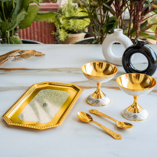 Pure Silver Plated Gold Polished 2 Ice Cream Bowl with 2 spoon & 1 tray