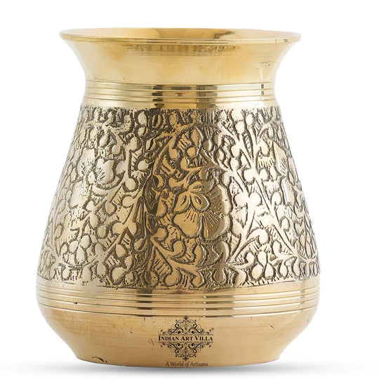 Pure brass glass Parsi Lota embossed design spiritual side view — Indian Art Villa