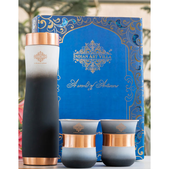 Indian Art Villa’s shaded silk copper bottle set blends health benefits with modern ombre aesthetics for homes.