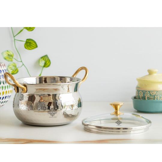 Hammered Steel Handi with Glass Lid & Brass Handles