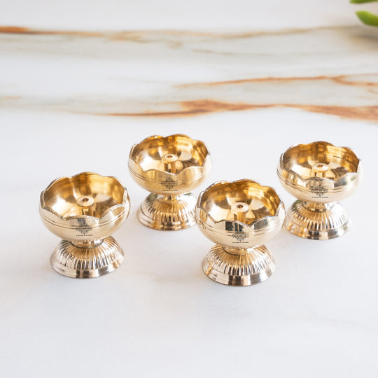 Brass Kamal Jyoti Diya Set of 4 - Lotus Design Oil Lamps