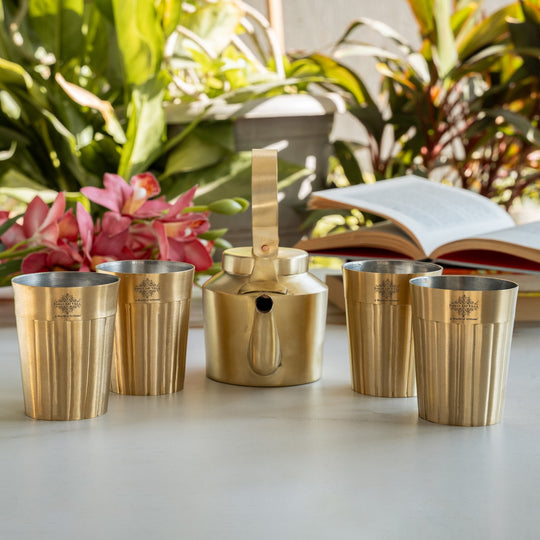 Brass Teapot, Kettle Inside Tin Lining with Glasses | Tableware | Serveware | Gold | 350 ML