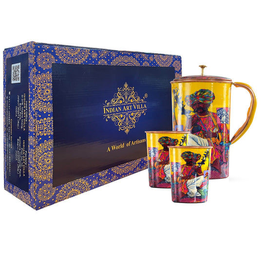Pure Copper Printed Padharo Mhare Desh Jug & Glass Gift Set