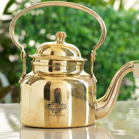 Handcrafted Pure Brass Shine Finish Design Tea Pot with Brass Stand with 4 Glass Tea Cup