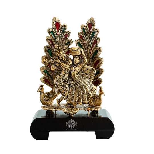 Brass Finish Colorfull Radha Krishna Murti with Wooden Base