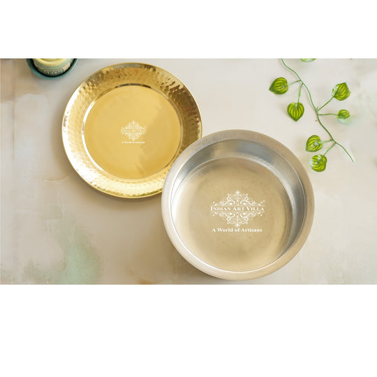 Pure Brass Cooking Pot with Lid Tin Lining & Hammered Design