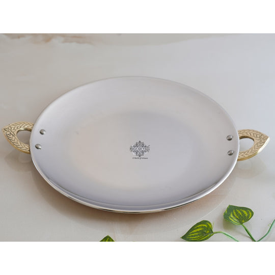 Decorative hammered steel copper serving platter with detailed brass handles by Indian Art Villa.