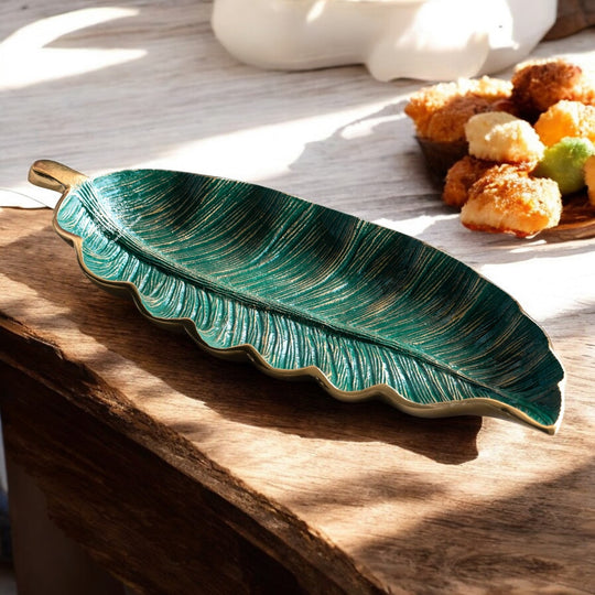 Gold Finish Green Leaf Design Decorative Platter – 43 Cm Banana Leaf Shaped Tray for Home Décor