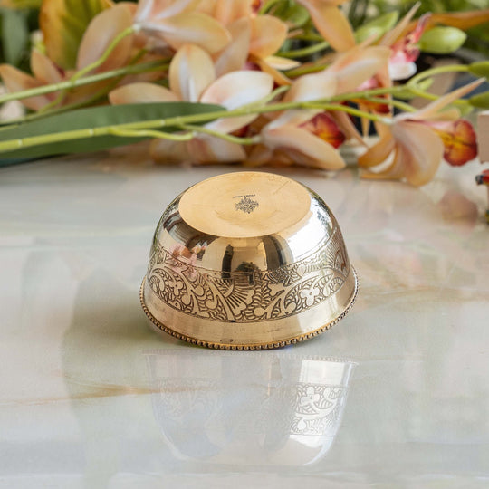 Handcrafted Pure Brass Embossed Round Shaped Bowl, Dinnerware, Serveware