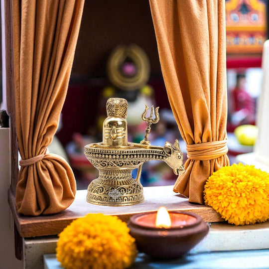 Brass Shivling with Nandi Face & Trishul – Decorative Spiritual Idol