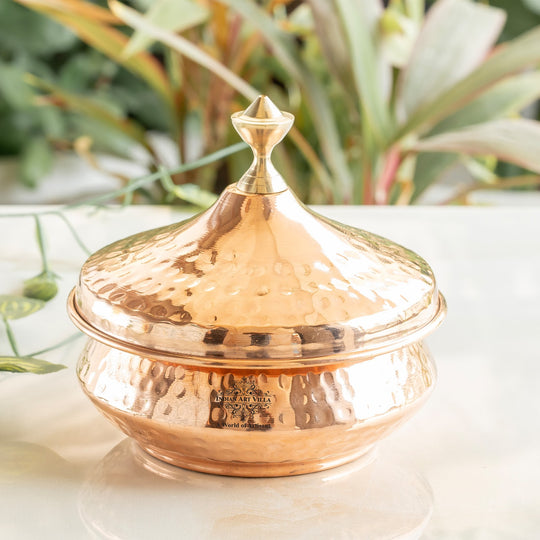 Indian Art Villa steel copper Mughlai handi with hammered artistry copper lid and brass knob offering true grace