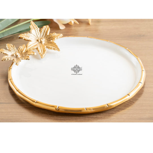 Brass finish flower design decorative serving platter front view — Indian Art Villa